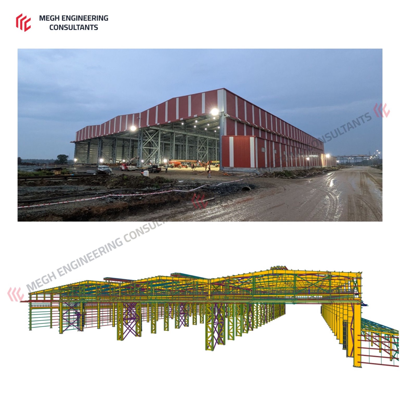 Completed building and its 3D structural model