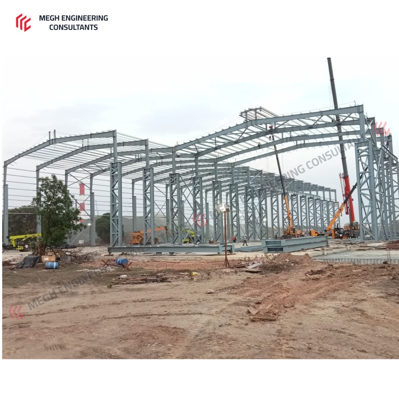 Primary steel frame erection on site