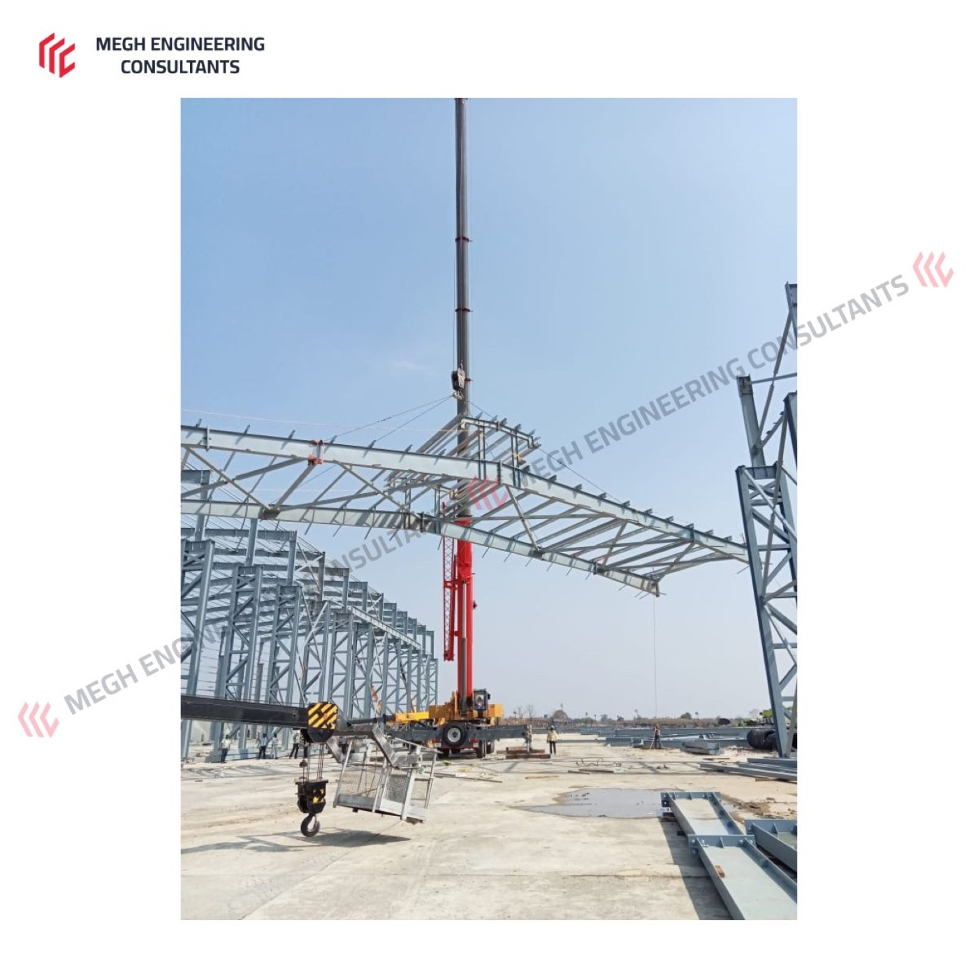 Crane-assisted lifting of a roof truss during erection