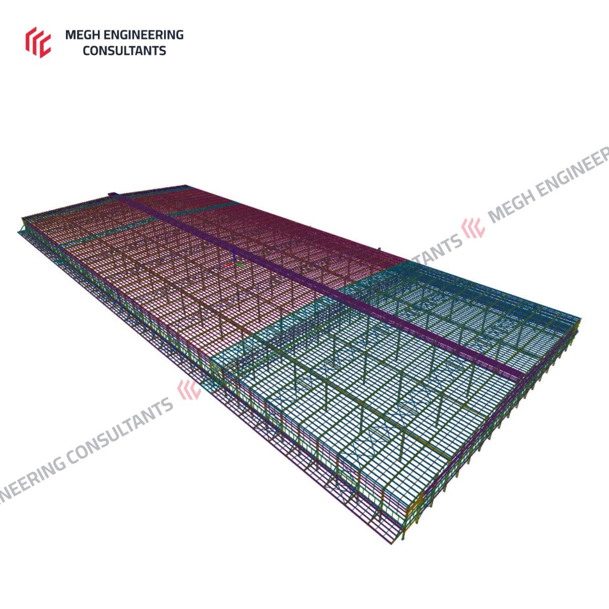 3D structural analysis model — full-building load and stability simulation