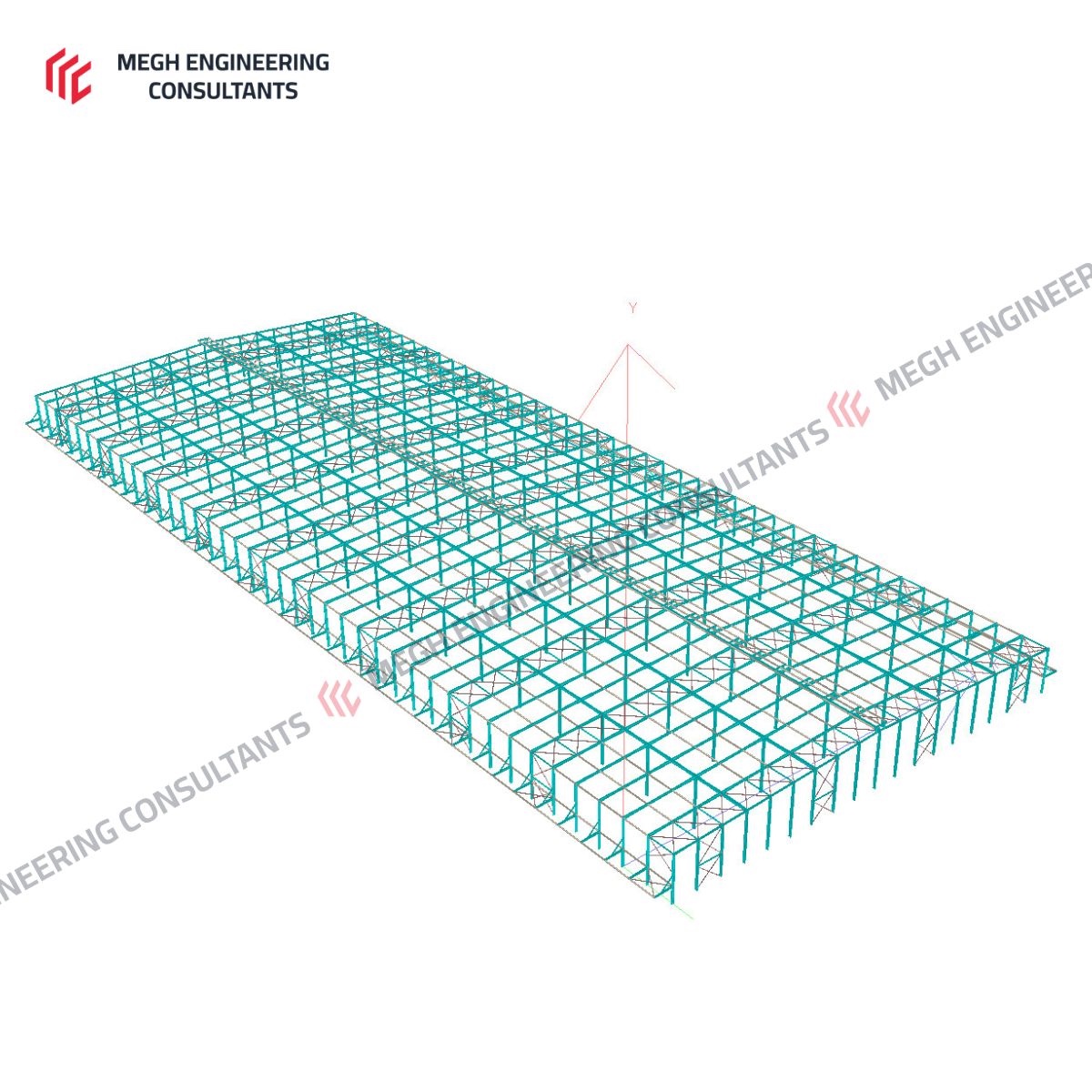 3D framing model — primary portal frames and secondary steel