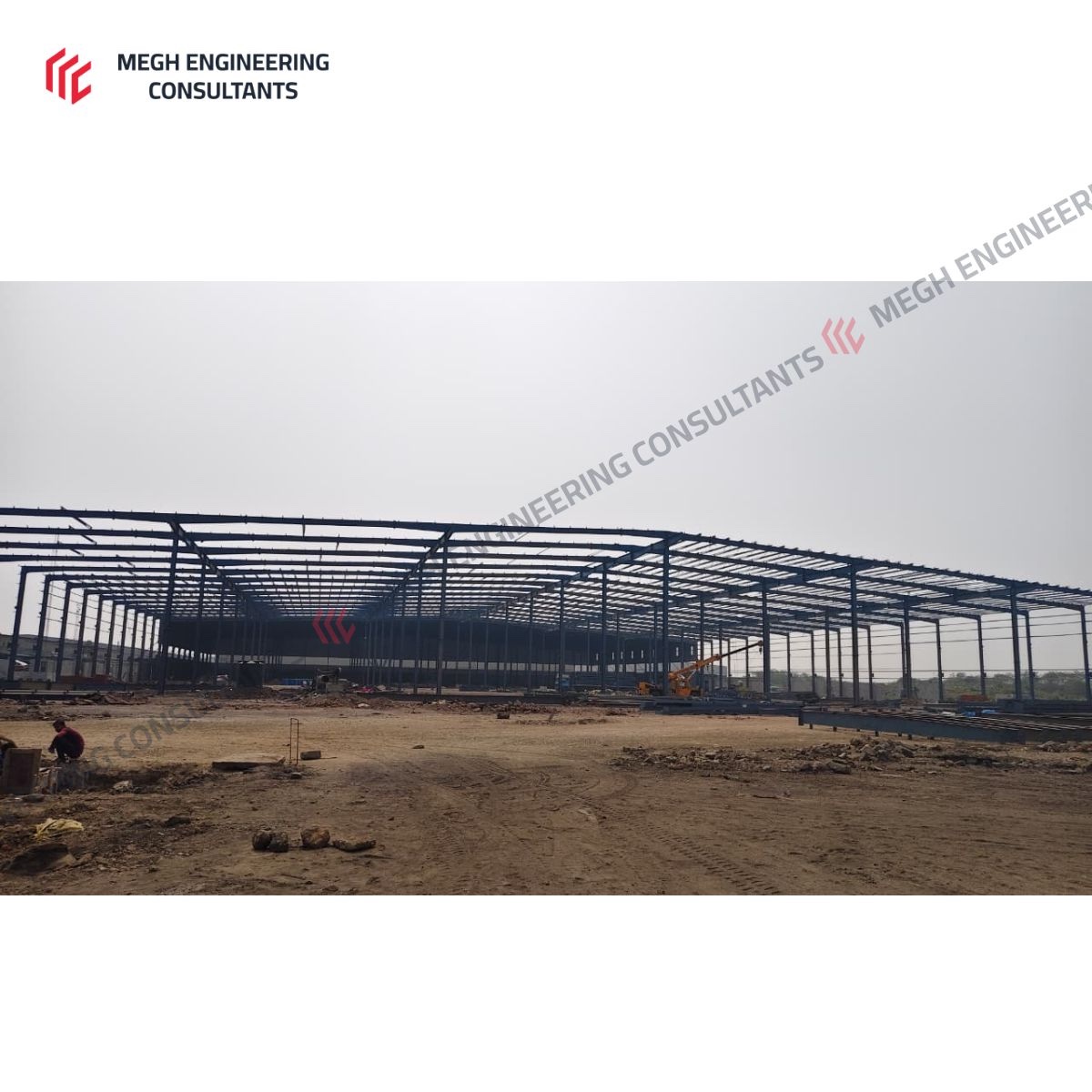 Primary steel frame erection on site