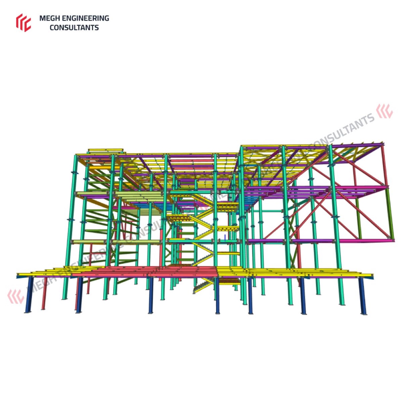 3D structural model — front elevation of the multi-level frame