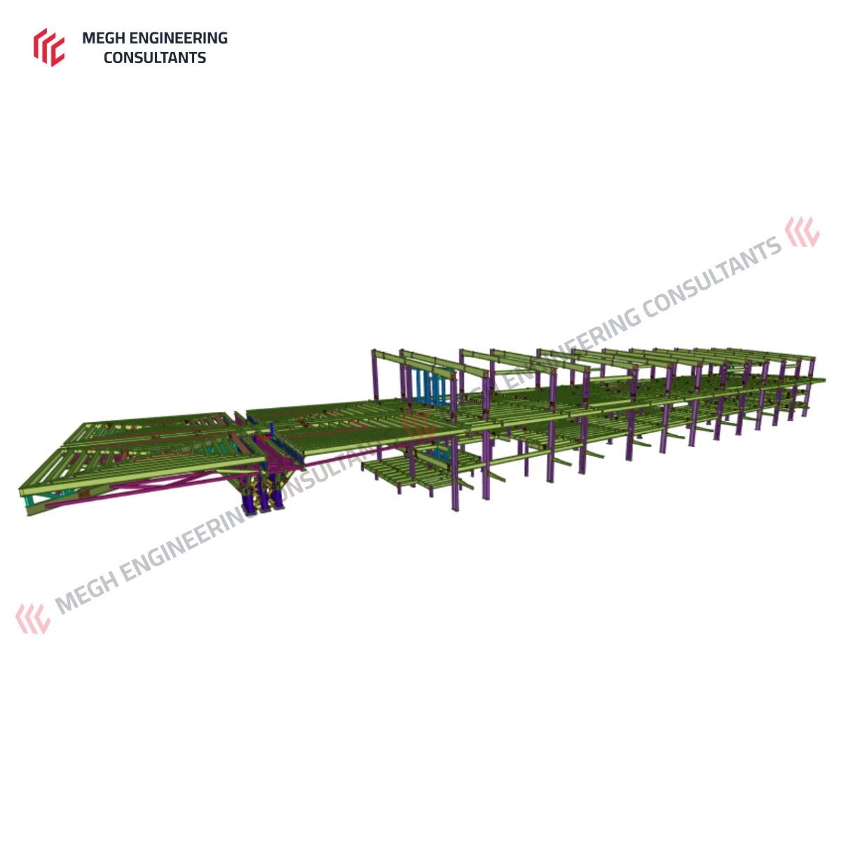 3D structural model — main building, mezzanine and canopy