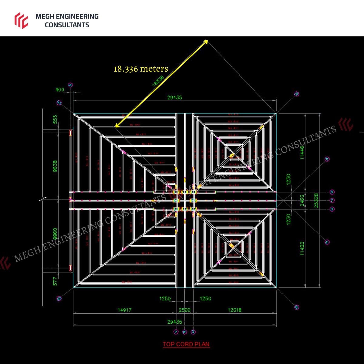 Top-chord plan — 18.336 m diagonal cantilever reach
